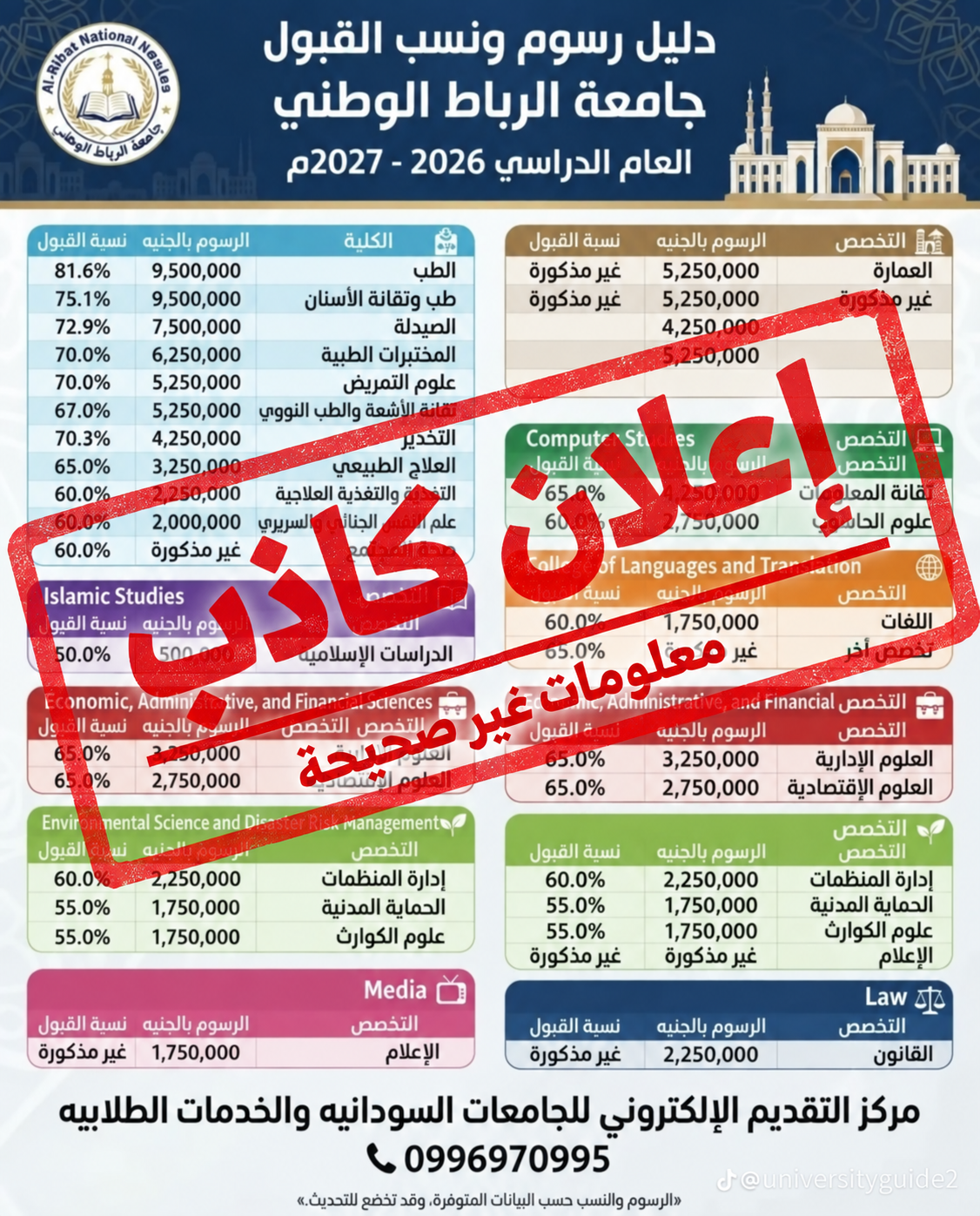⚠️ تحذير رسمي وعاجل: معلومات غير صحيحة متداولة بشأن رسوم ونسب القبول بجامعة الرباط الوطني